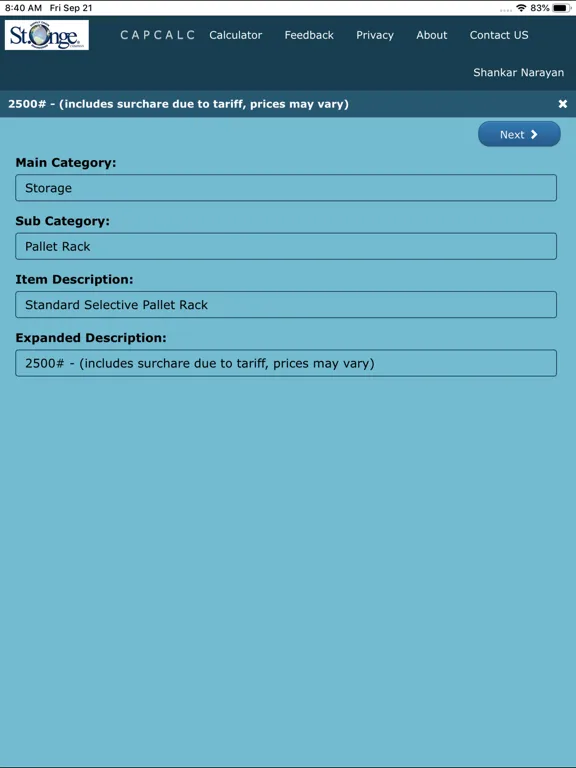 Tangkapan skrin CAPEXCalc iPad 