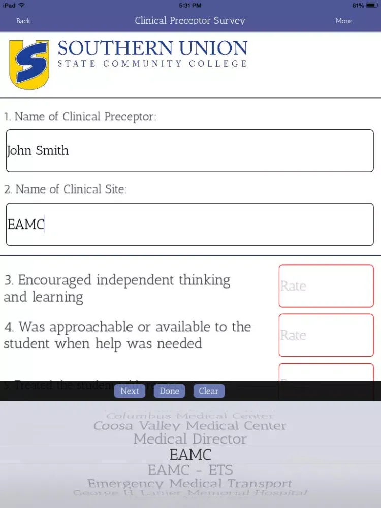 SUSCC EMS Preceptor Evaluation iPad  Screenshots
