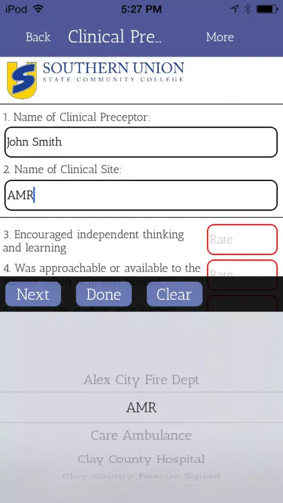 SUSCC EMS Preceptor Evaluation Screenshots