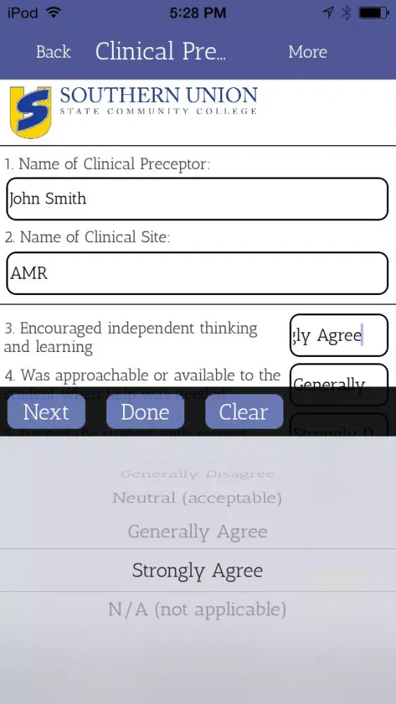 SUSCC EMS Preceptor Evaluation Screenshots