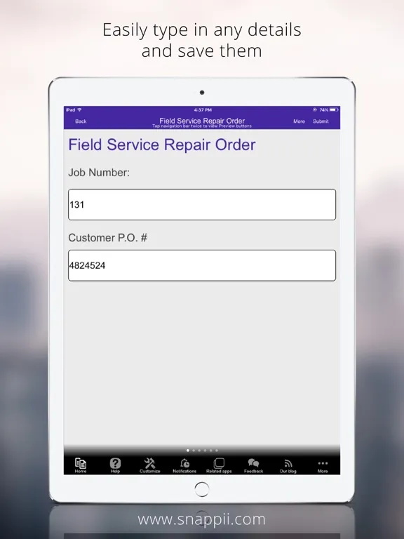 Capturas de tela do Field Service Repair Order iPad 