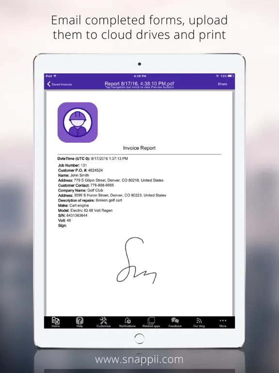 Capturas de tela do Field Service Repair Order iPad 