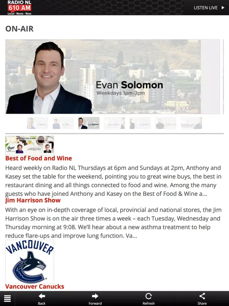 Tangkapan layar Radio NL 610 Kamloops iPad 