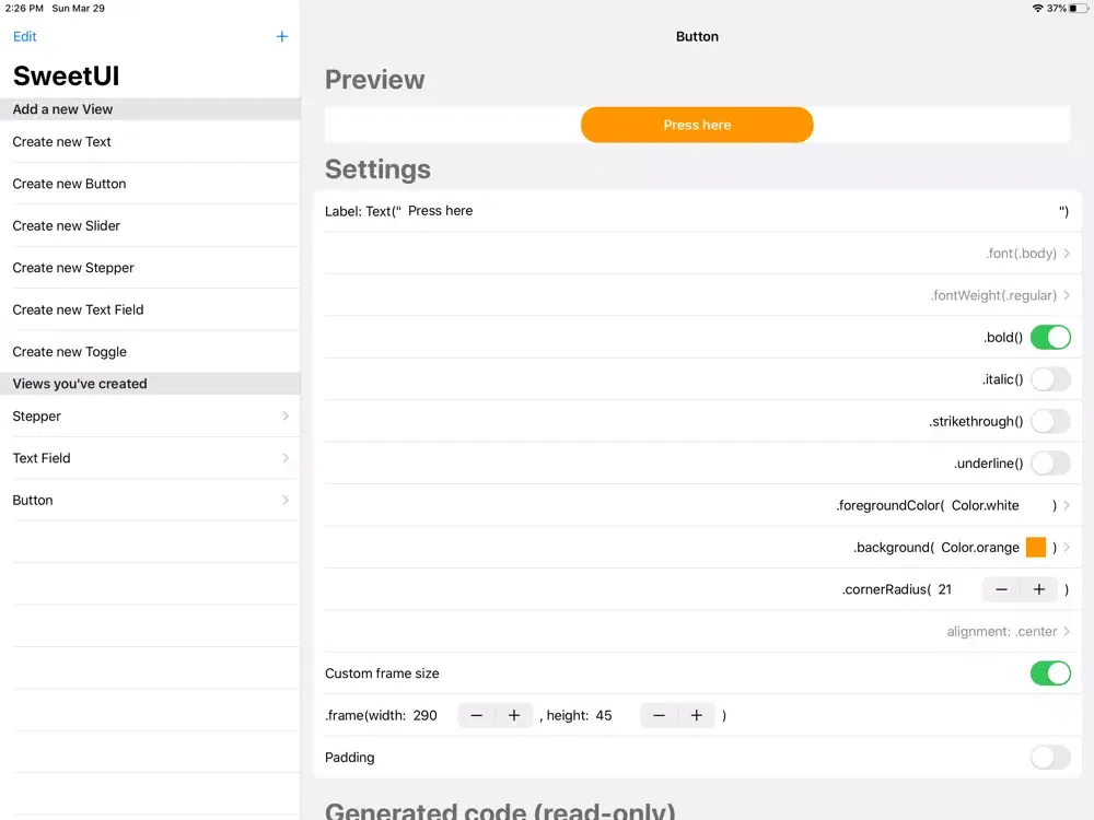 Ảnh chụp màn hình của SweetUI View Creator iPad 