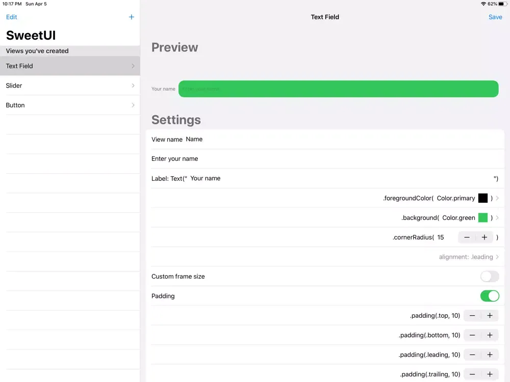 Ảnh chụp màn hình của SweetUI View Creator iPad 