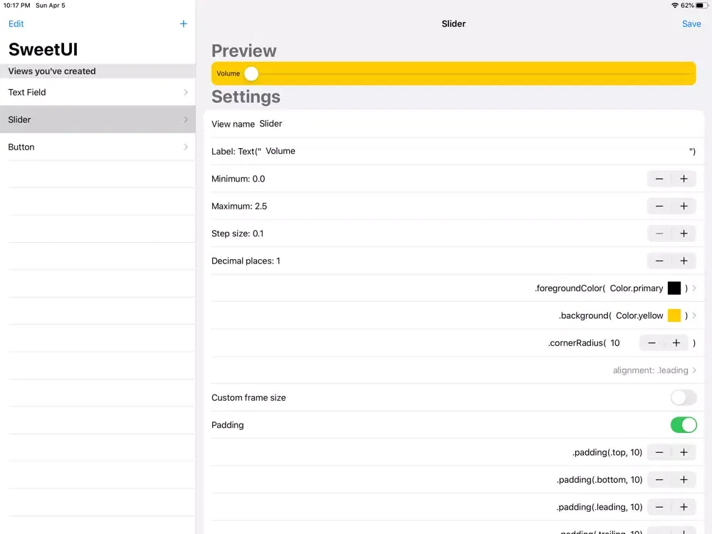 Ảnh chụp màn hình của SweetUI View Creator iPad 