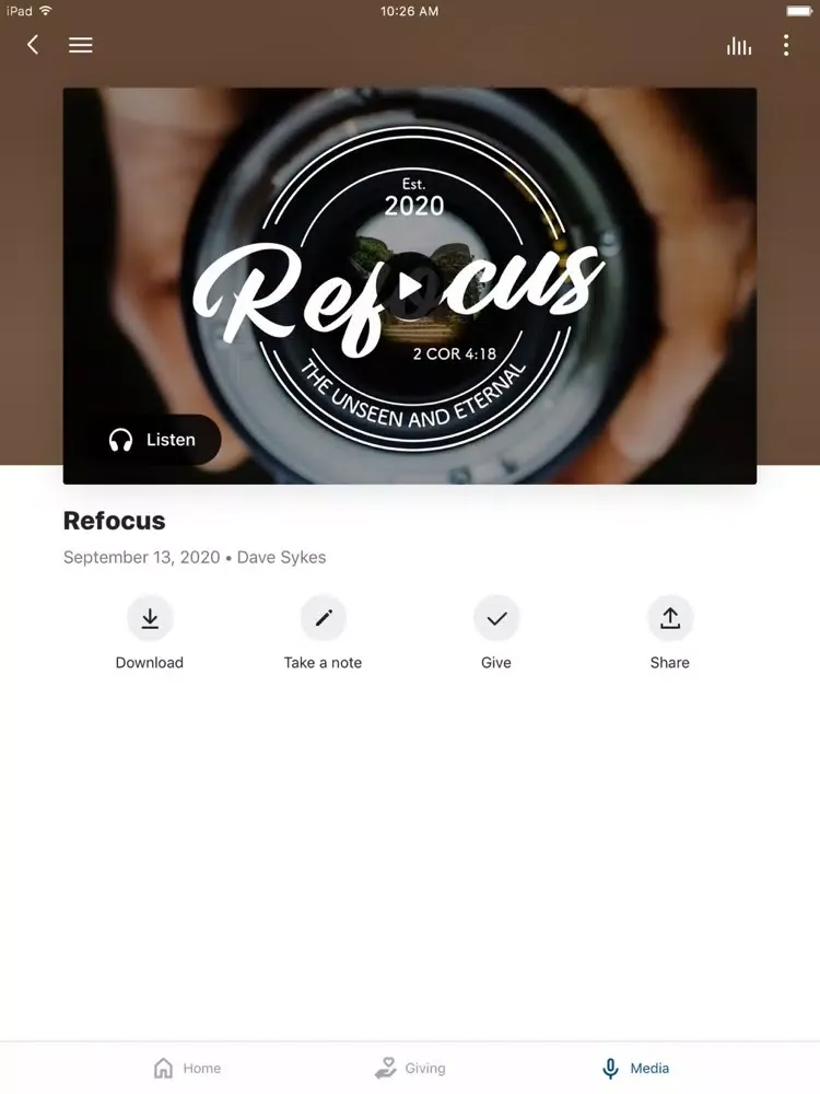 Tangkapan layar Agape Christian Church App iPad 