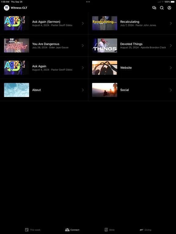 Tangkapan layar Witness Church Charlotte iPad 