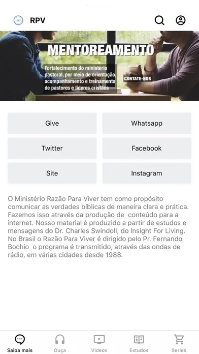 Capturas de tela do Ministério Razão Para Viver