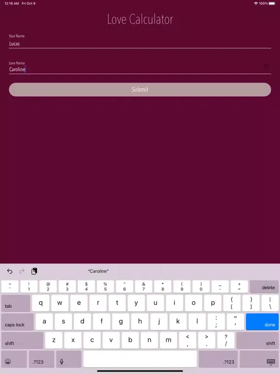 Tangkapan layar Love Calculator app iPad 