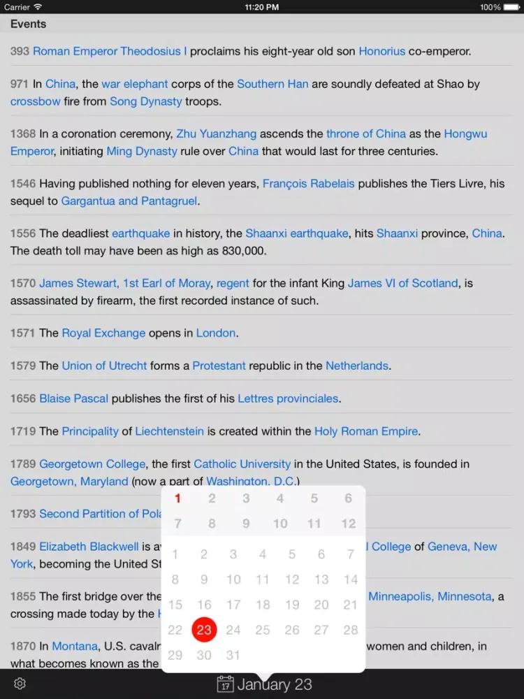 Tangkapan layar On This Day In History. iPad 