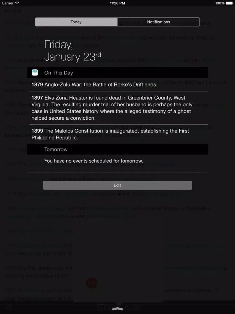 Tangkapan layar On This Day In History. iPad 