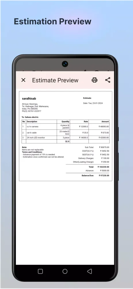 Capturas de tela do Business Estimates,Estimation