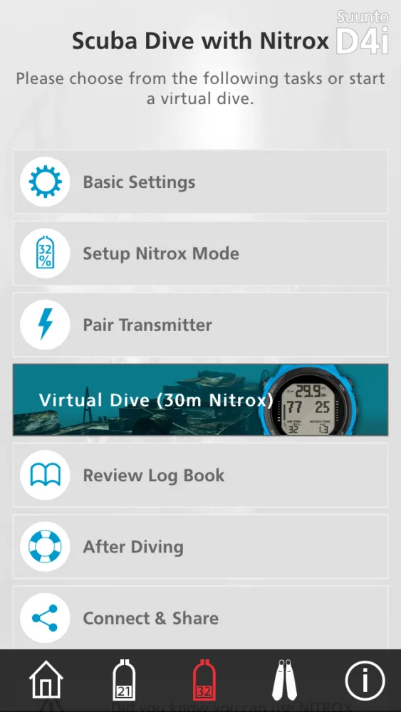Ảnh chụp màn hình của Suunto Dive Learning Tools – Teach yourself how to set up and use the Suunto D4i Novo, Vyper Novo and Zoop Novo.