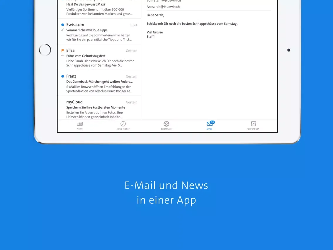 Capturas de tela do Bluewin E-Mail & News iPad 