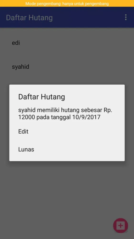Tangkapan skrin Daftar Hutang