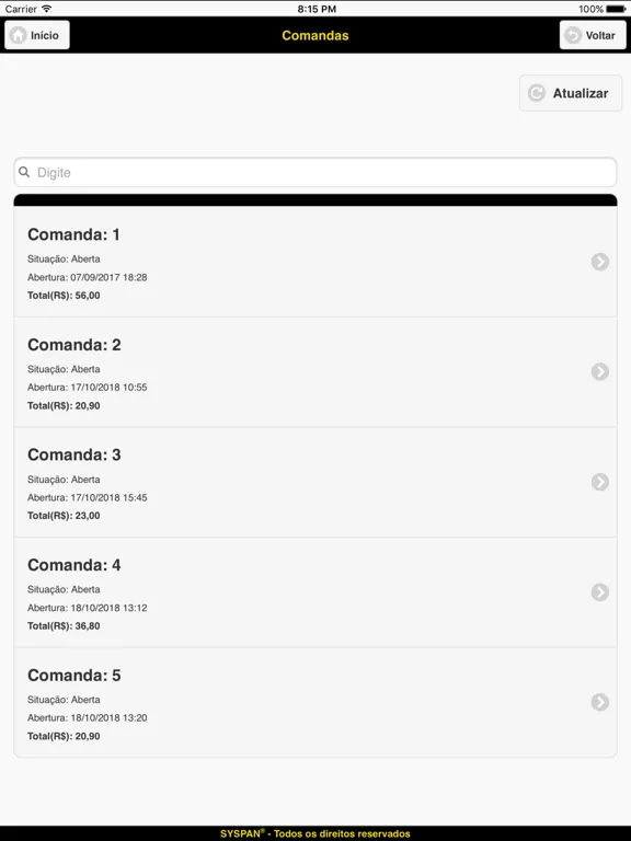 Скриншоты SysGarçom iPad 