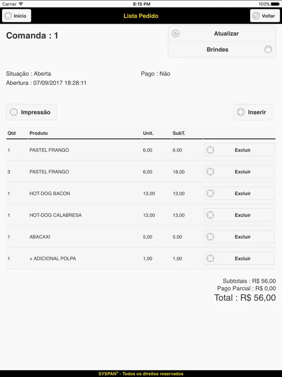 Скриншоты SysGarçom iPad 