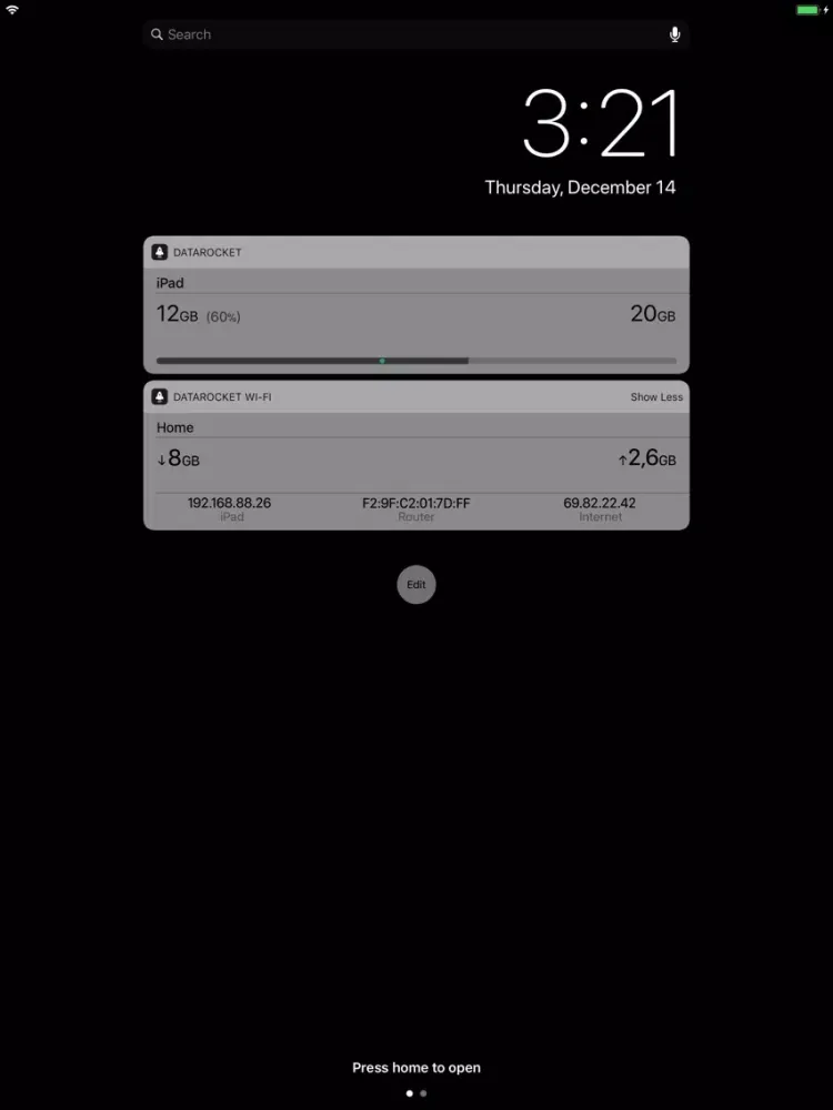 Tangkapan layar DataRocket Data Usage Monitor iPad 