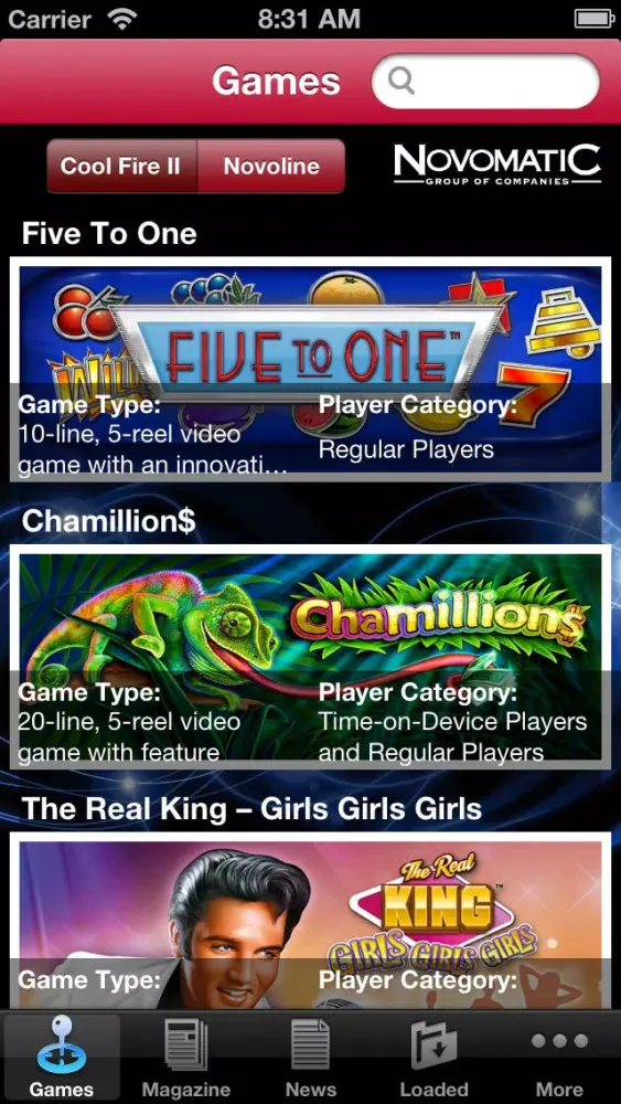 Capturas de tela do Novomatic, Games for the world