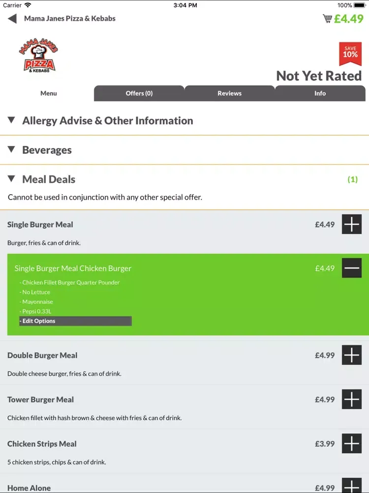 Tangkapan skrin Mama Janes Pizza NG18 iPad 