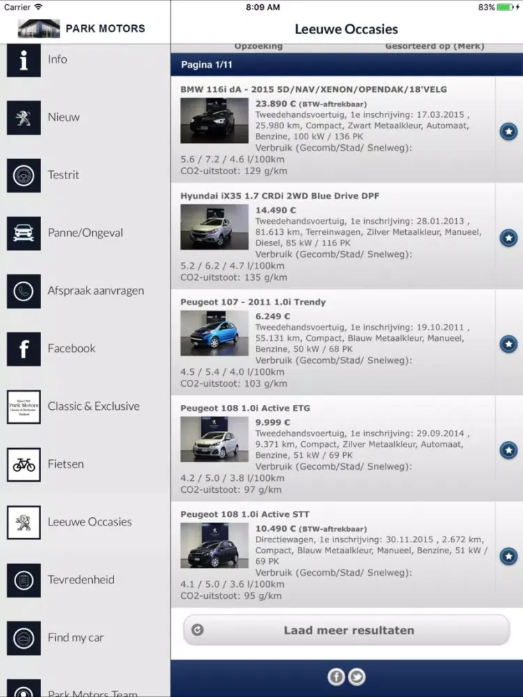 Tangkapan layar Peugeot Park Motors iPad 