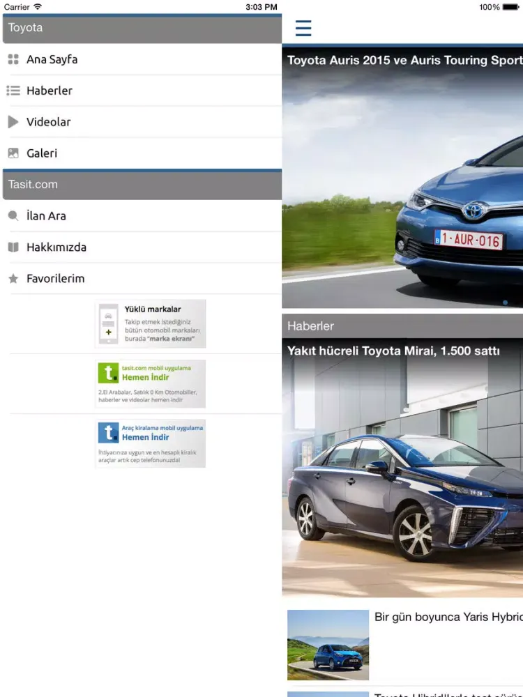 Captures d'écran de Tasit.com Toyota Haber, Video, Galeri, İlanlar iPad 