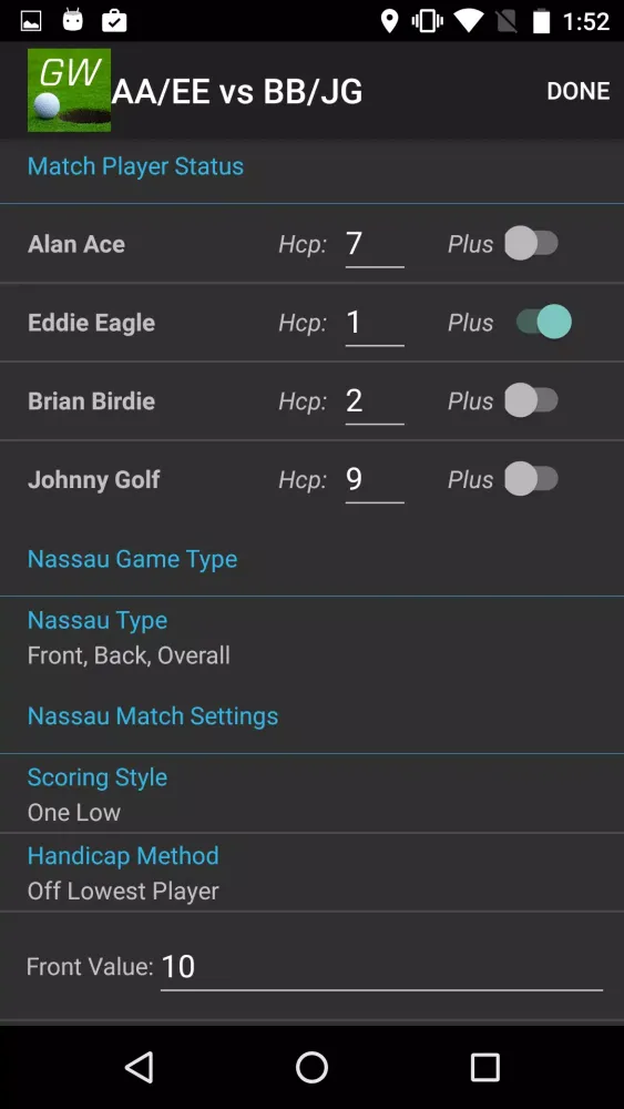 Tangkapan skrin Golf Wager