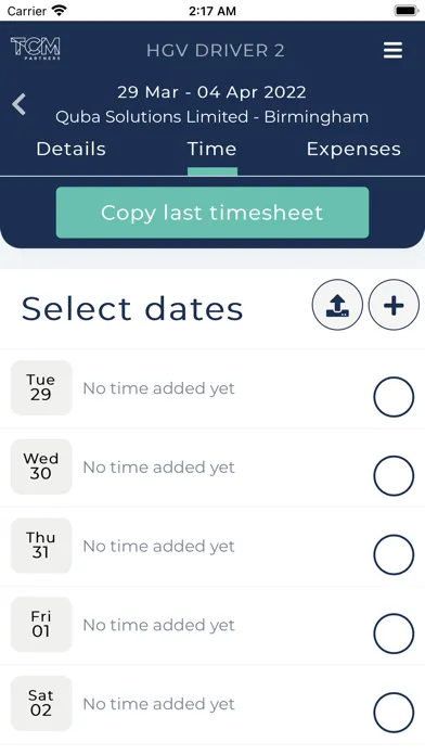 Capturas de tela do TCM E TImesheets