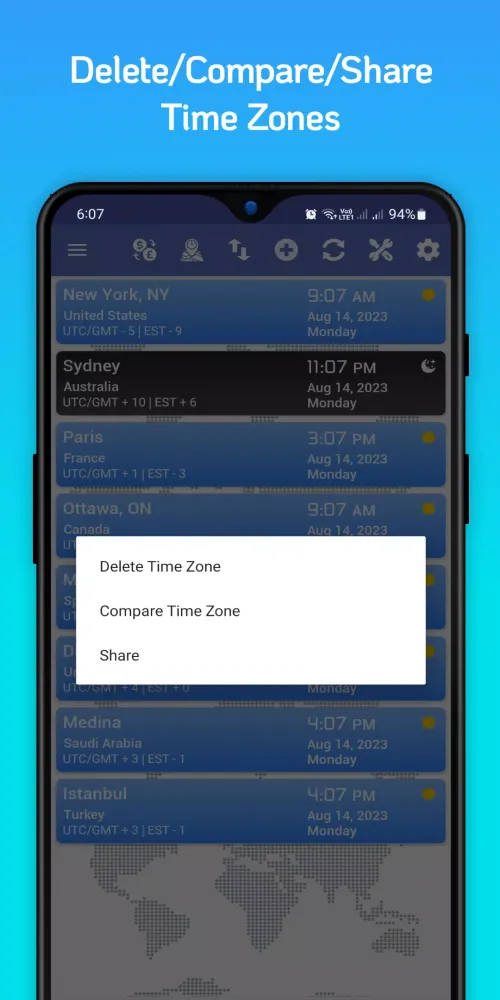World Clock Time Zones Widget Screenshots