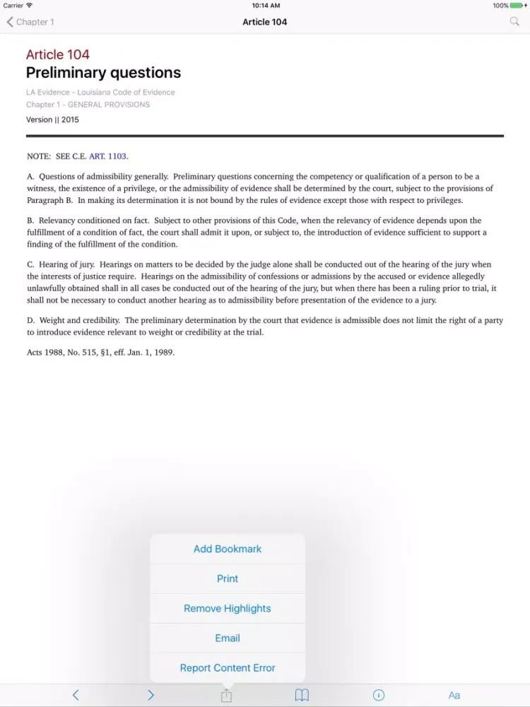 Capturas de pantalla de Louisiana Code of Evidence LS iPad 