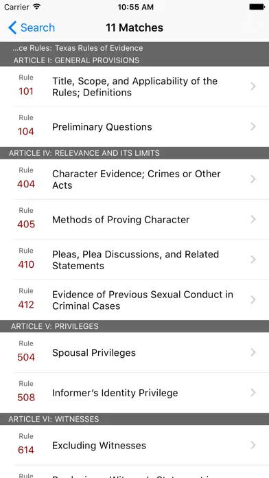 Capturas de pantalla de Texas Rules of Evidence (LawStack's TX Law)