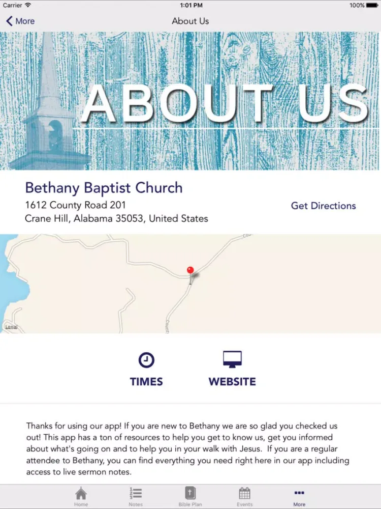 Tangkapan layar Bethany Baptist, Crane Hill iPad 