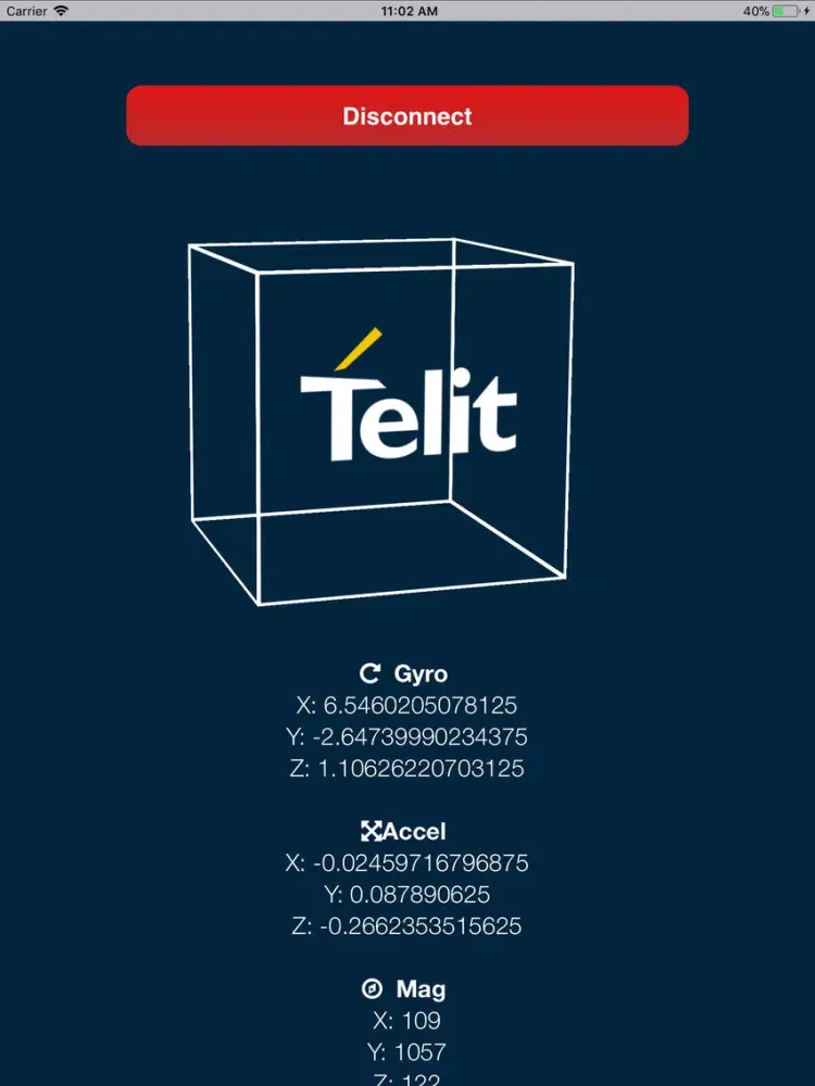 ภาพหน้าจอของ Telit IoT Sensor Tag iPad 