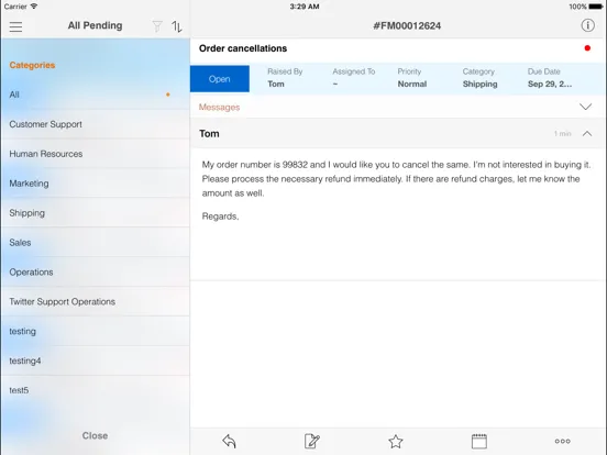 Tangkapan skrin HappyFox Helpdesk iPad 