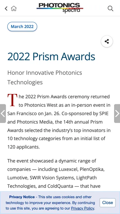 Capturas de tela do Photonics Spectra
