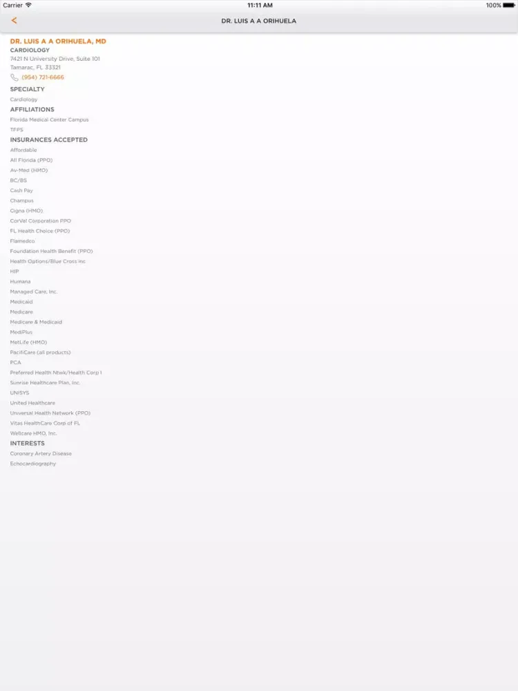 Tangkapan layar Florida Medical Center iPad 