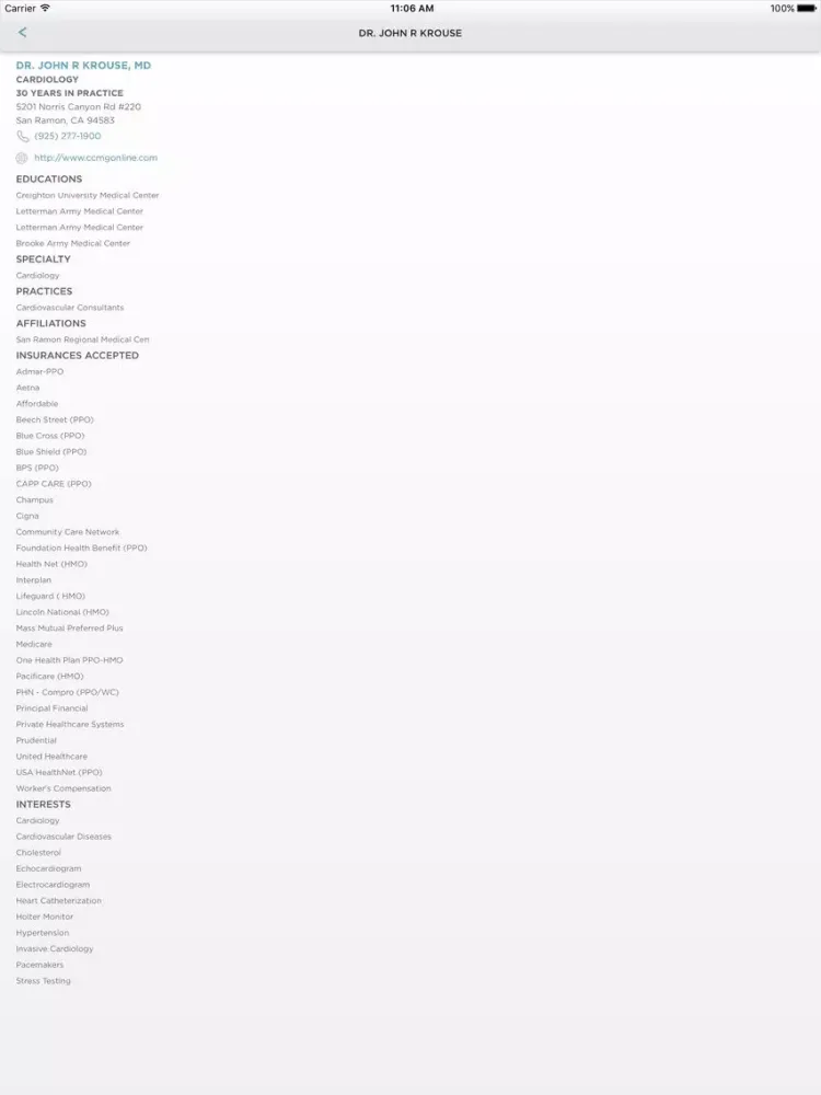 Ảnh chụp màn hình của San Ramon Medical Center iPad 