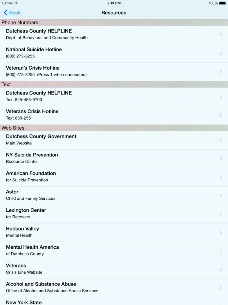 Dutchess County HELPLINE iPad  Screenshots