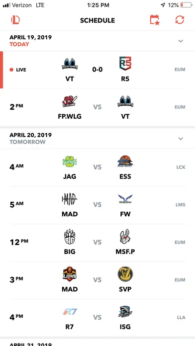 LoL Esports Schedule Ekran Görüntüleri