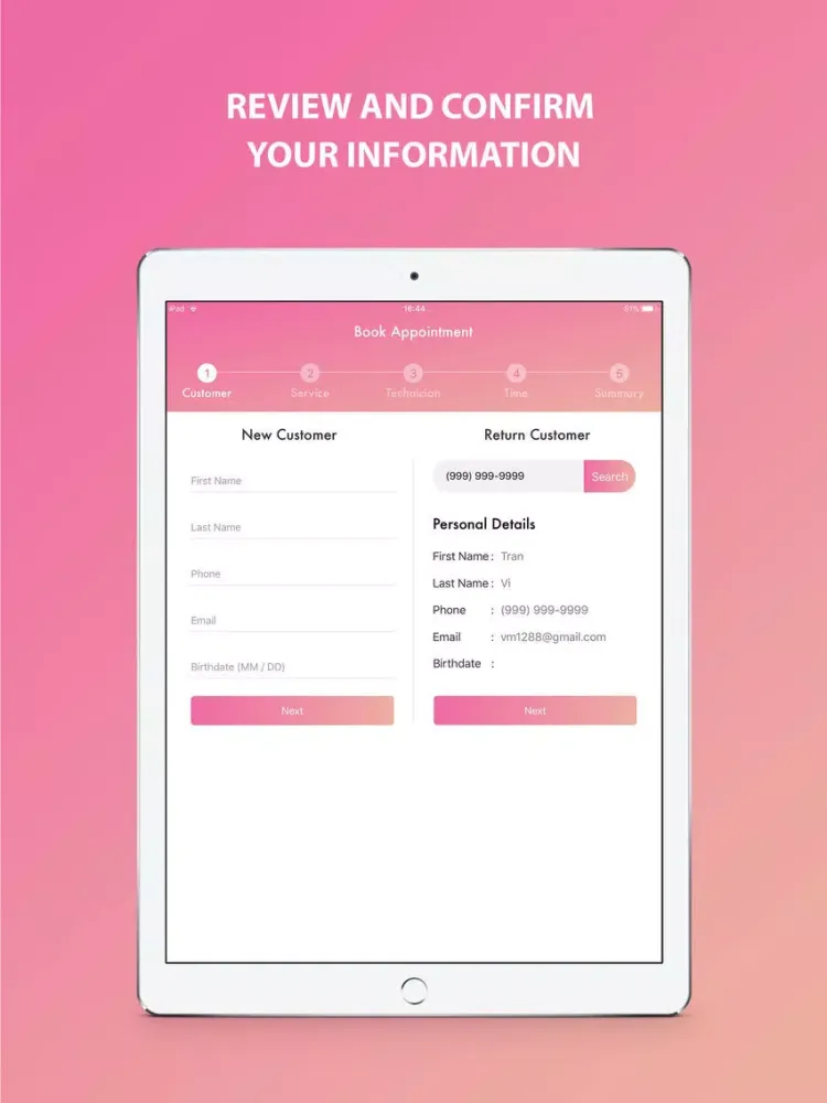 Tangkapan layar Thepronails check-in system iPad 