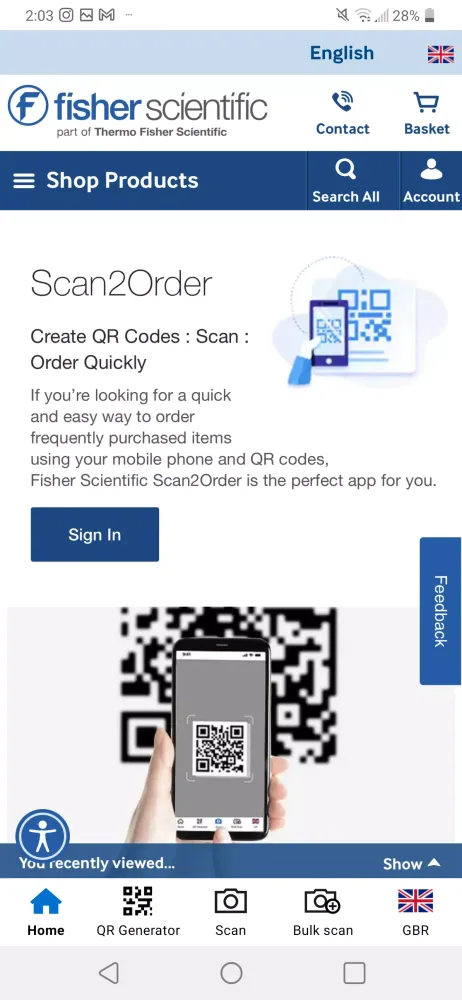 Fisher Scientific Scan2Order 스크린샷