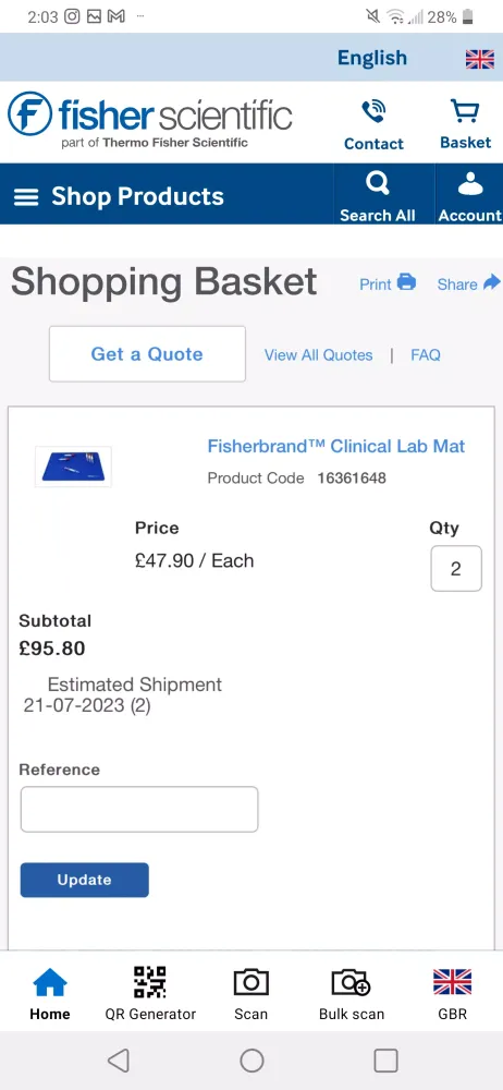 Fisher Scientific Scan2Order 스크린샷