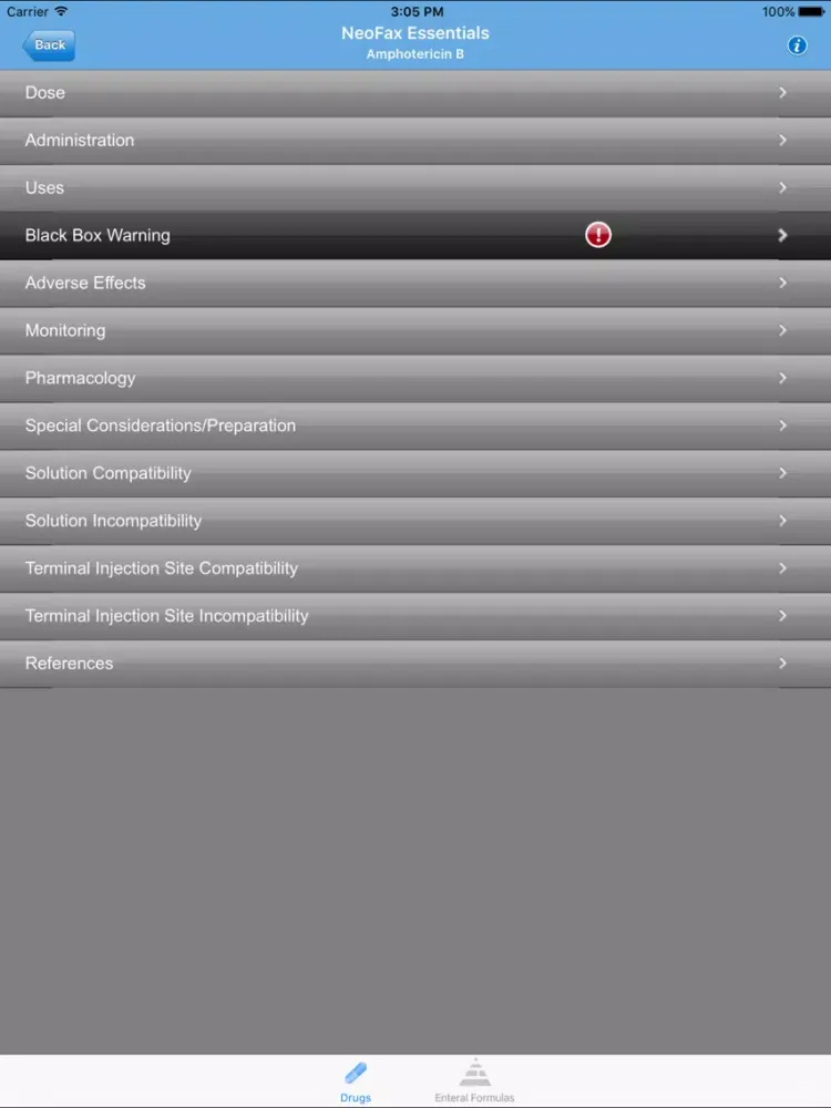Tangkapan skrin IBM Micromedex NeoFax iPad 