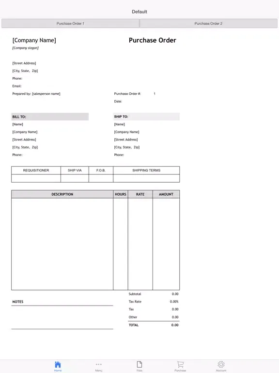 Ảnh chụp màn hình của Purchase Order iPad 