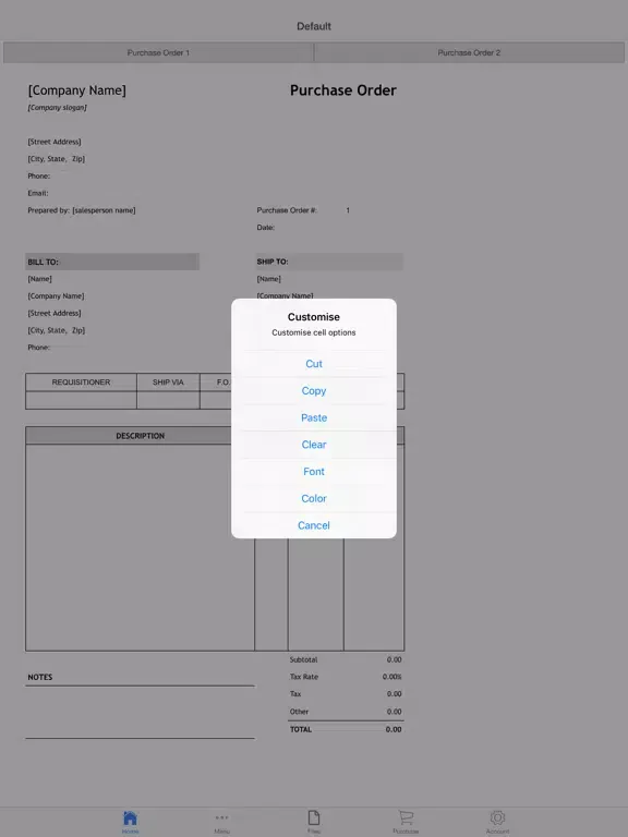 Ảnh chụp màn hình của Purchase Order iPad 