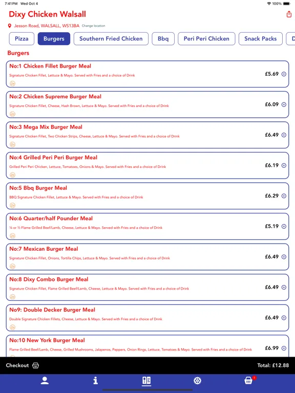 Tangkapan skrin Dixy Chicken Walsall. iPad 