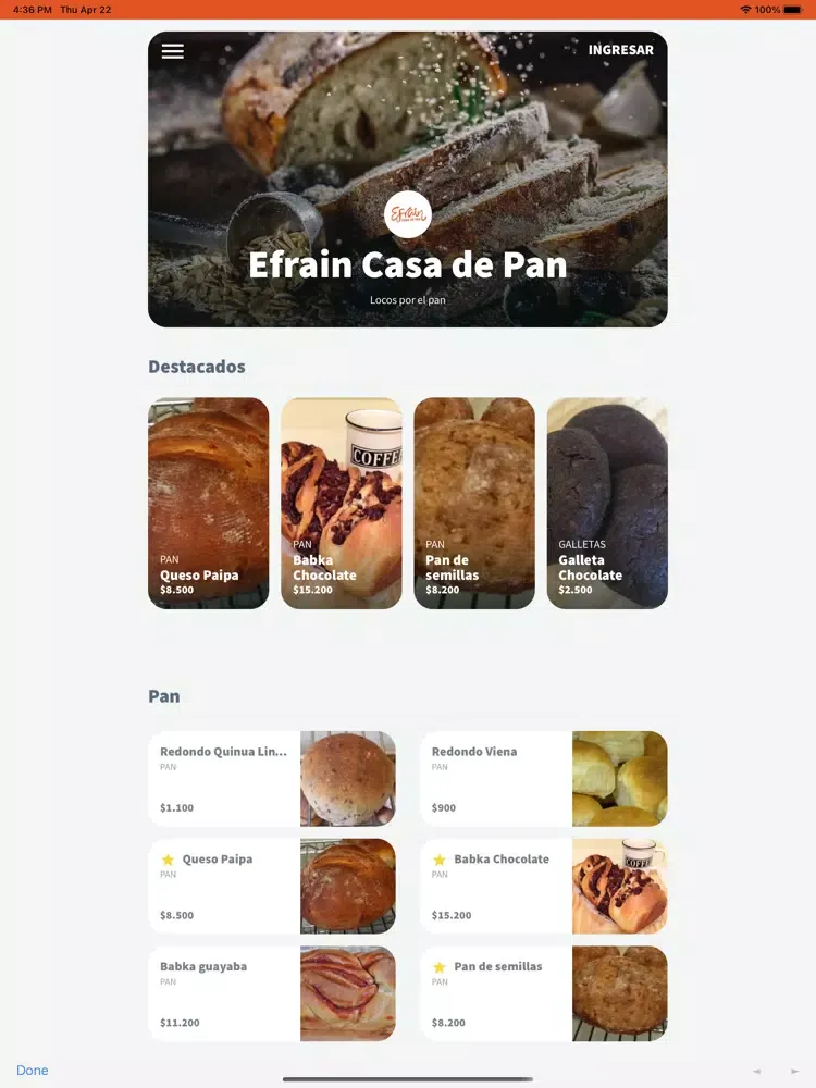 Tangkapan layar Efrain Casa de Pan iPad 