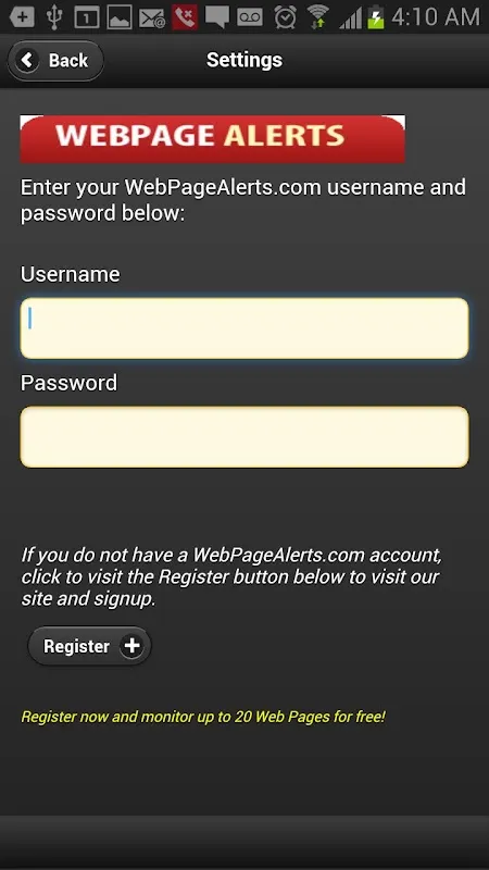 WebPage Alerts Screenshots