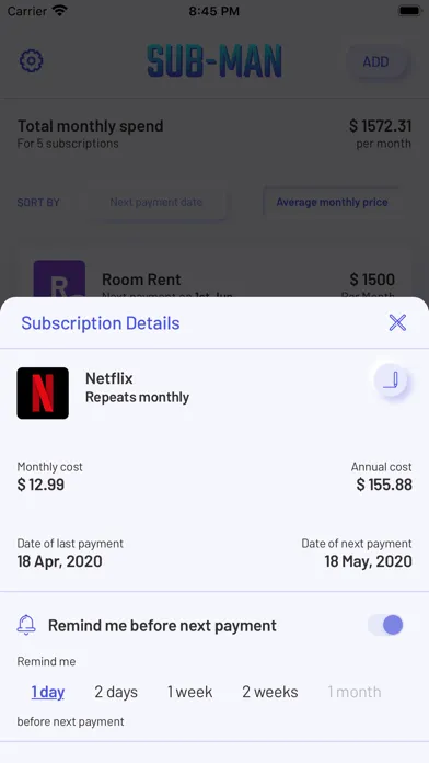 SubMan - Subscription Tracker سکرین شاٹس